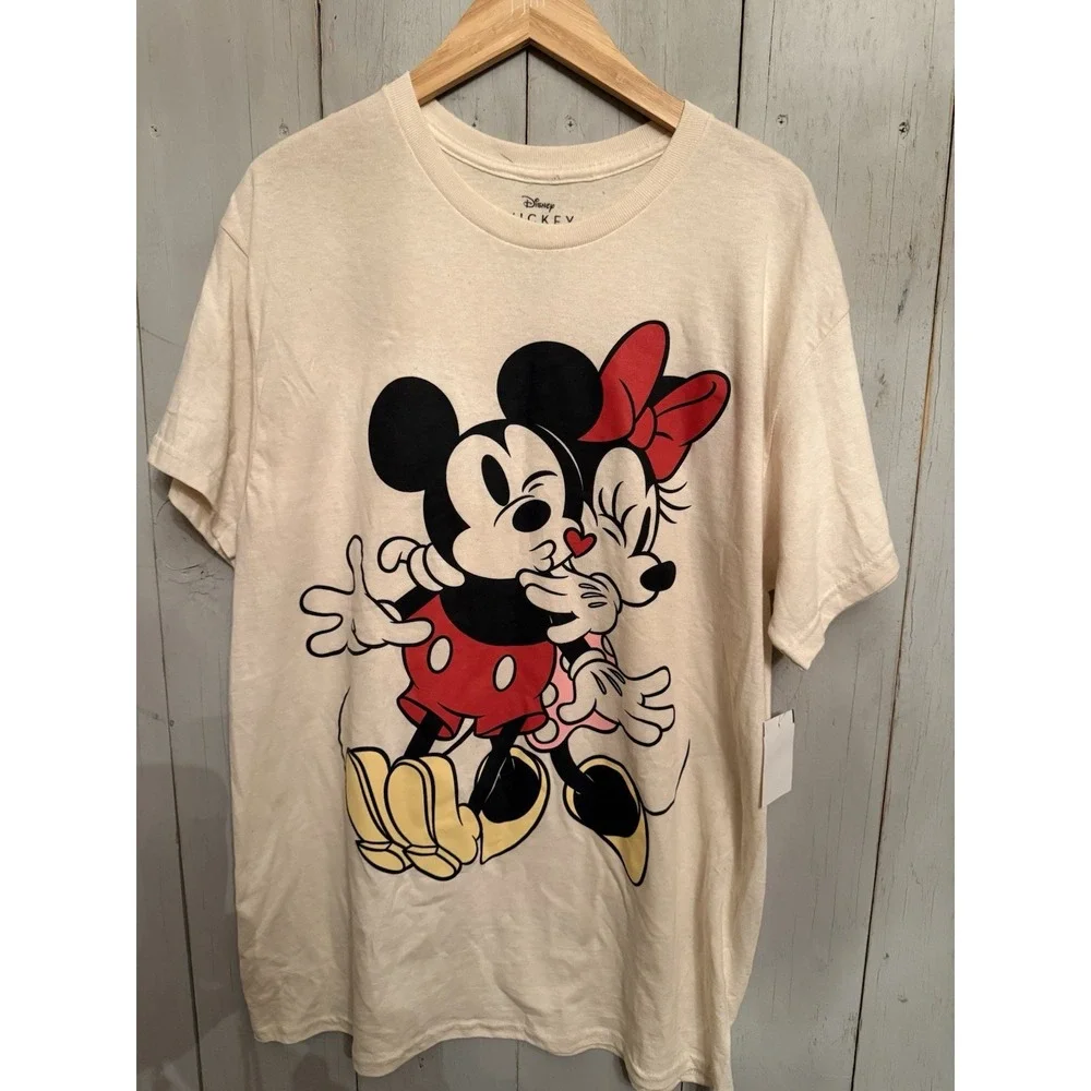 Disney‎ Mickey Mouse & Minnie Mouse Kissing Cream T-shirt Lg New
